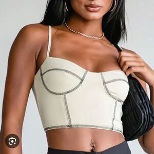 Princess Polly beige/nude crop top with black stitching